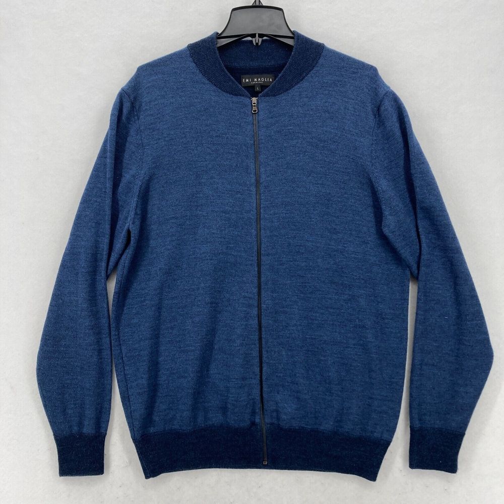 Emi Maglia Blue Wool‎ Blend Full Zip Sweater L Made in Italy Lightweight Knit